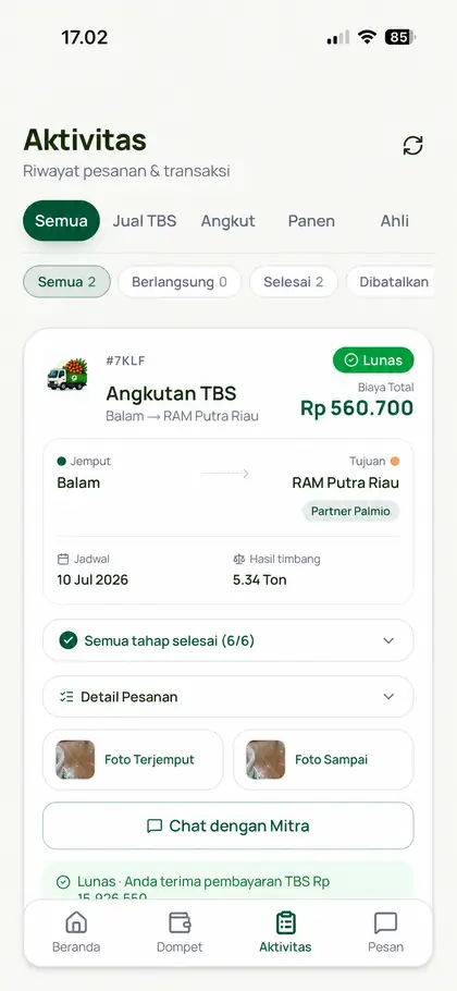 Aktivitas pesanan mitra di aplikasi Palmio