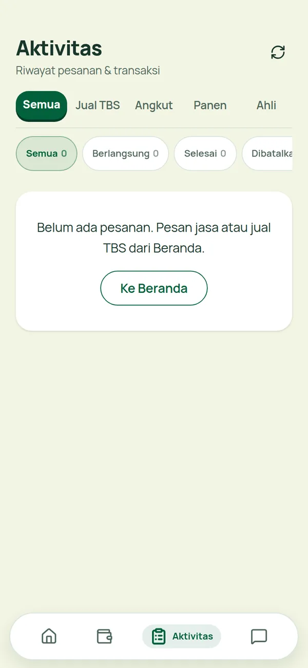 Aktivitas: saringan Jual TBS, Angkut, Panen, dan Ahli, plus status pesanan