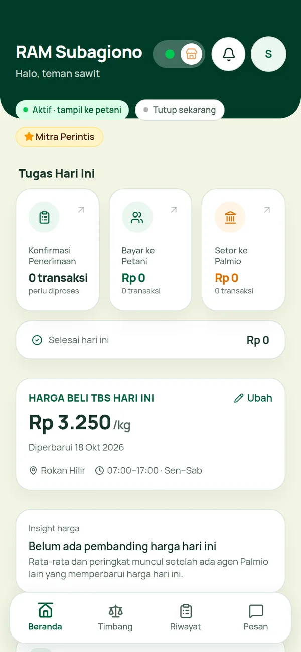 Dasbor agen RAM: status aktif, tugas hari ini, dan harga beli TBS
