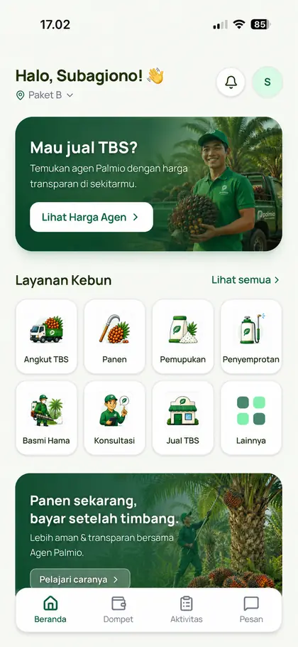 Beranda petani di aplikasi Palmio