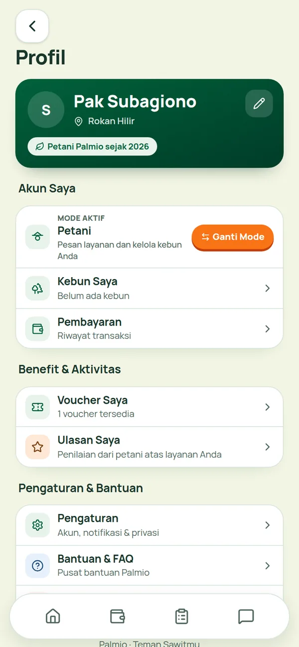 Profil: kartu anggota Petani Palmio, mode aktif, dan tombol Ganti Mode