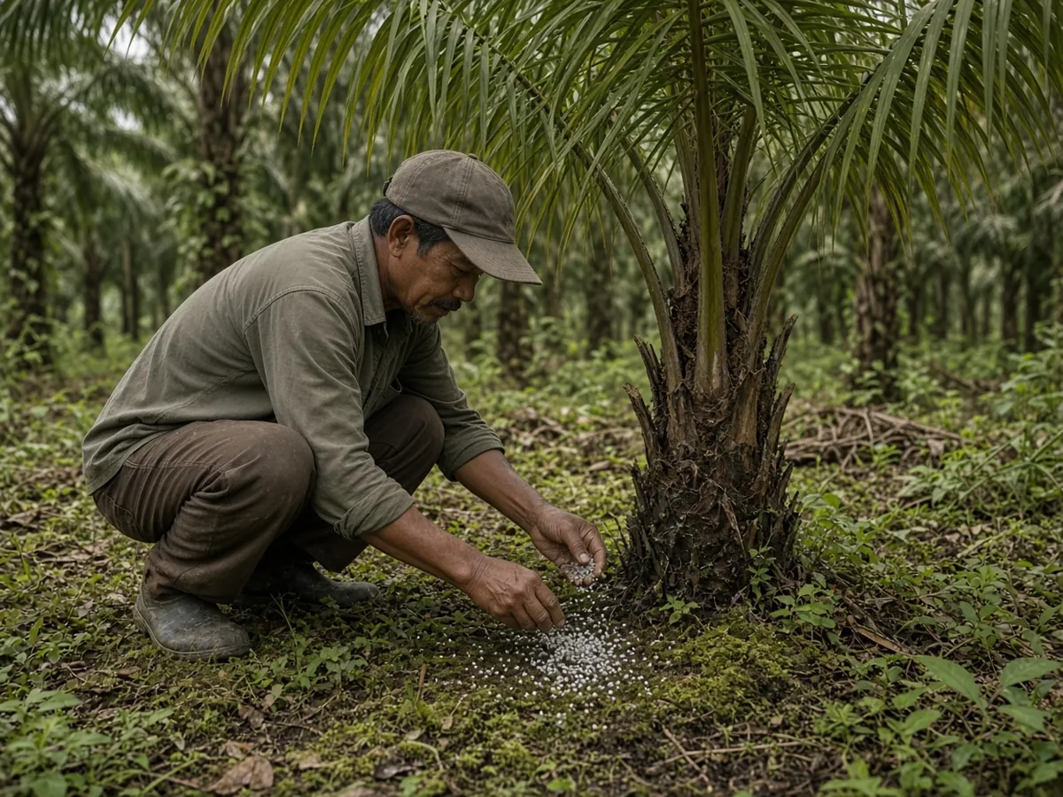 Pekerja merawat pokok sawit muda dengan pupuk