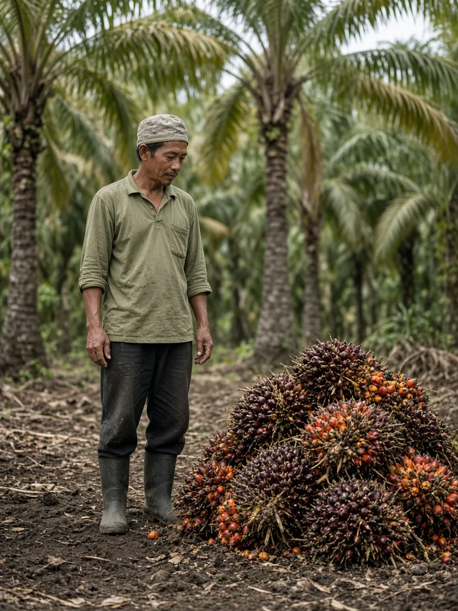 Petani berdiri di samping tumpukan tandan sawit di kebun