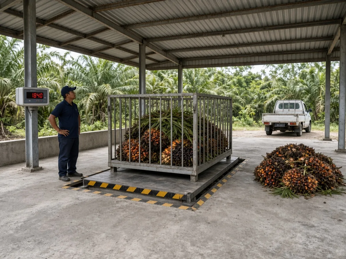 Timbangan lantai di RAM, keranjang tandan sawit sedang ditimbang
